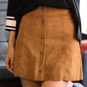 Button Front High Rise Brown Suede Mini Skirt SM